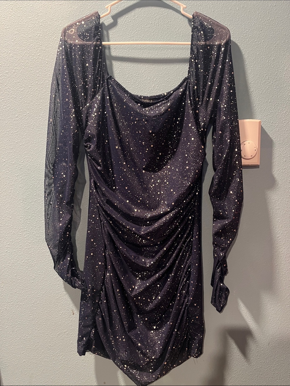 Black Glitter Ruched Long-Sleeve Dress